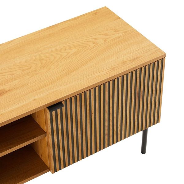 Linjer Entertainment Unit in Oak Melamine Finish Cabinet, MDF with Drawer Front and Black Metal Legs and Handle