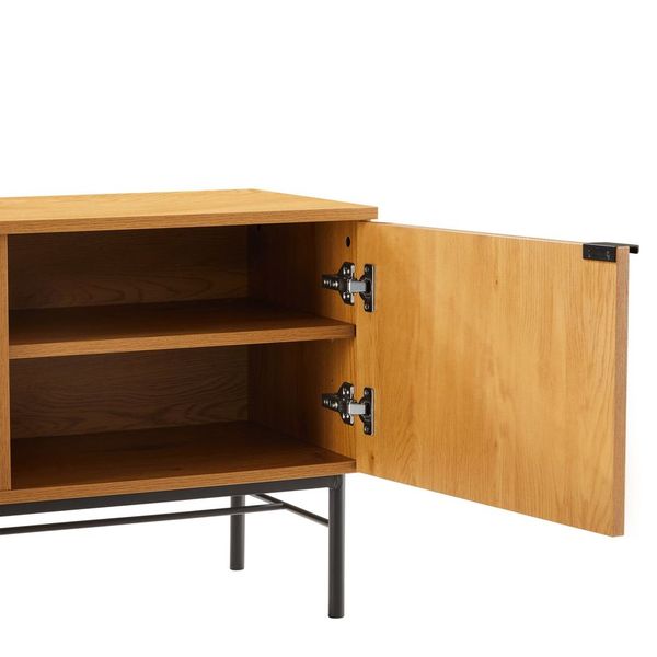 Linjer Entertainment Unit in Oak Melamine Finish Cabinet, MDF with Drawer Front and Black Metal Legs and Handle