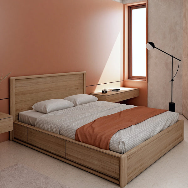 Circa Queen Bed Frame With Fabric Headboard and Storage - White Oak