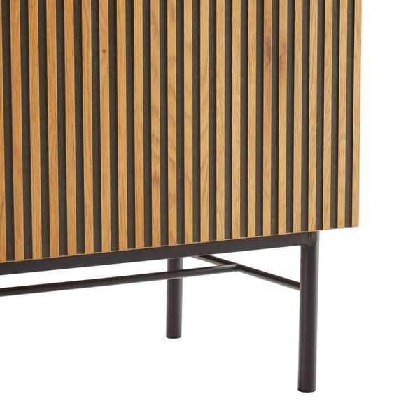Linjer Entertainment Unit in Oak Melamine Finish Cabinet, MDF with Drawer Front and Black Metal Legs and Handle