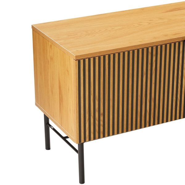 Linjer Entertainment Unit in Oak Melamine Finish Cabinet, MDF with Drawer Front and Black Metal Legs and Handle