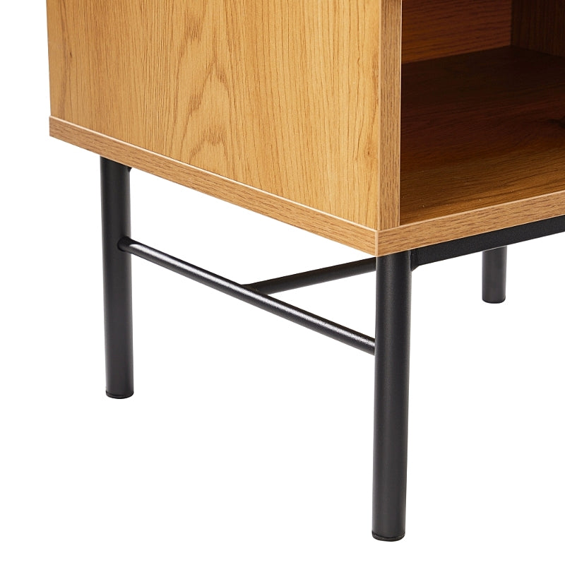 Linjer Bedside Table in Oak Melamine Finish Cabinet, MDF with Drawer Front and Black Metal Legs and Handle