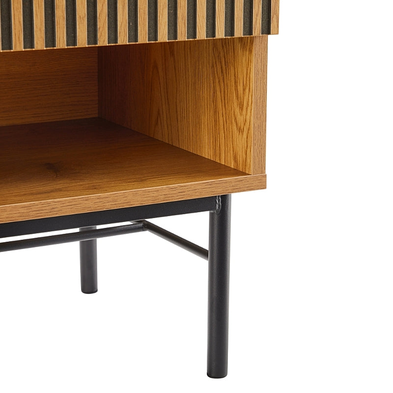 Linjer Bedside Table in Oak Melamine Finish Cabinet, MDF with Drawer Front and Black Metal Legs and Handle