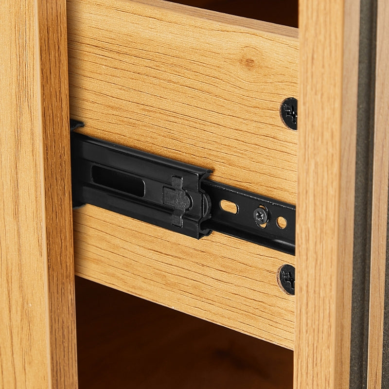 Linjer Bedside Table in Oak Melamine Finish Cabinet, MDF with Drawer Front and Black Metal Legs and Handle