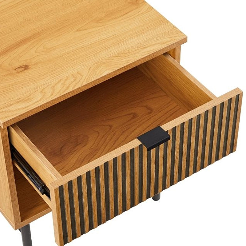 Linjer Bedside Table in Oak Melamine Finish Cabinet, MDF with Drawer Front and Black Metal Legs and Handle