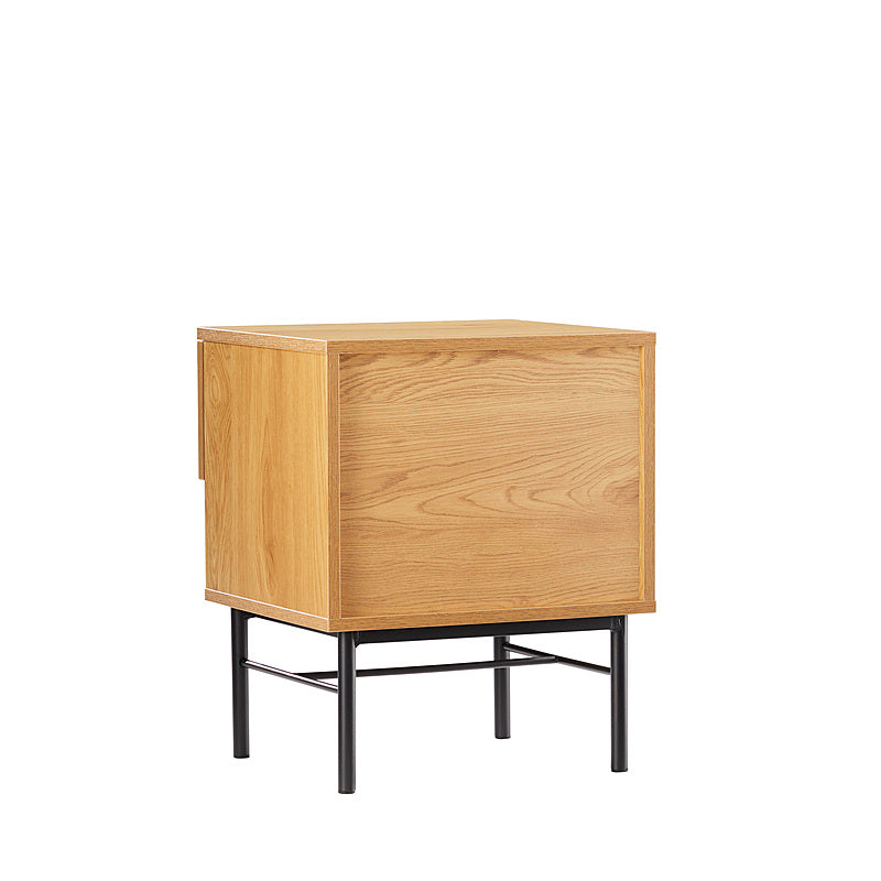 Linjer Bedside Table in Oak Melamine Finish Cabinet, MDF with Drawer Front and Black Metal Legs and Handle
