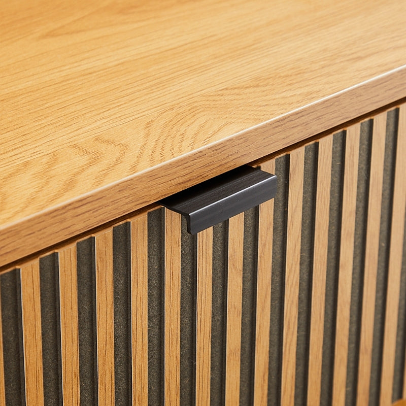 Linjer Bedside Table in Oak Melamine Finish Cabinet, MDF with Drawer Front and Black Metal Legs and Handle