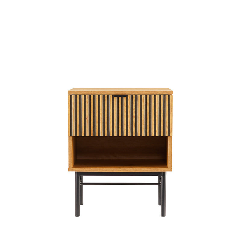 Linjer Bedside Table in Oak Melamine Finish Cabinet, MDF with Drawer Front and Black Metal Legs and Handle