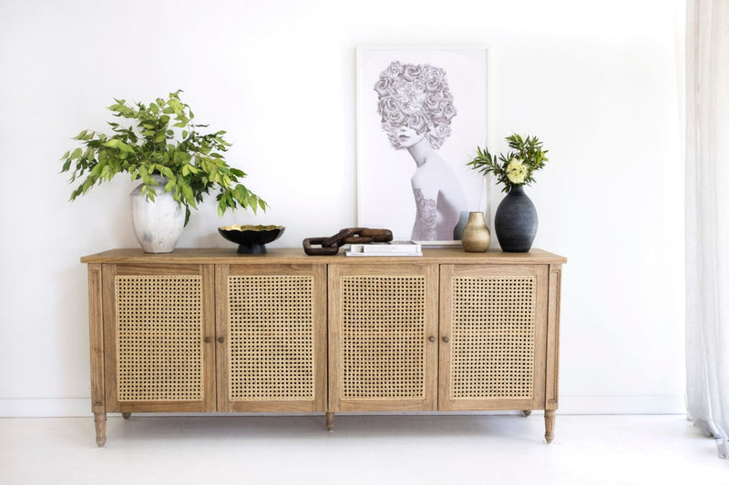 Hampton Cane Four Door Sideboard - Weathered Oak