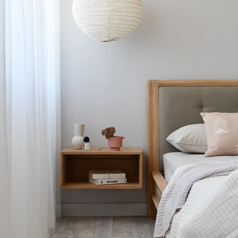 Circa Queen Bed Frame White Oak With  Fabric Headboard  - No Storage