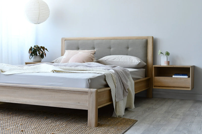 Circa Queen Bed Frame White Oak With  Fabric Headboard  - No Storage