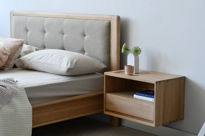Circa Queen Bed Frame White Oak With  Fabric Headboard  - No Storage