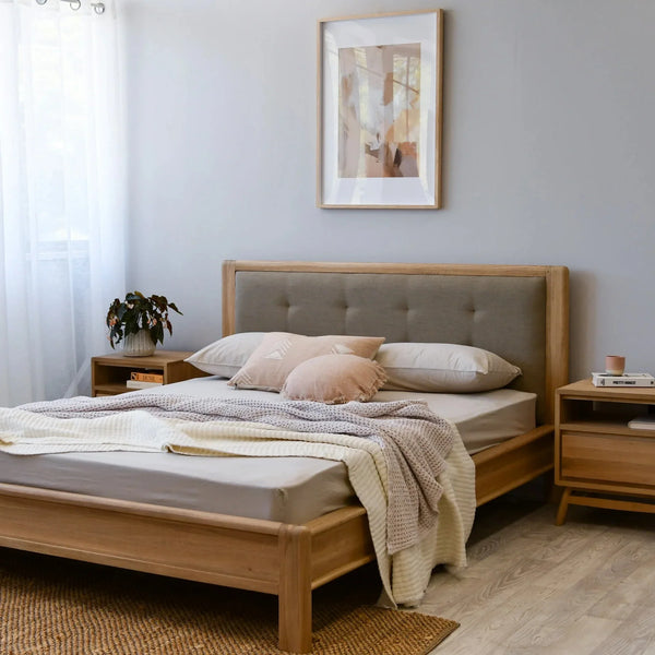 Circa Queen Bed Frame White Oak With  Fabric Headboard  - No Storage