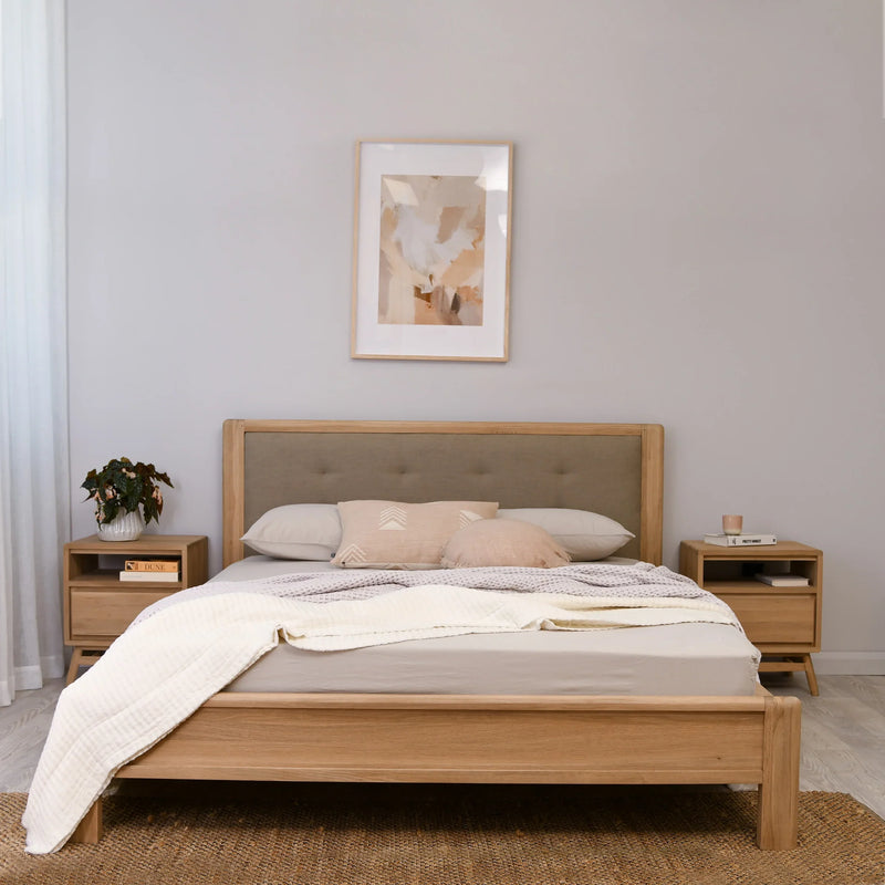 Circa Queen Bed Frame White Oak With  Fabric Headboard  - No Storage