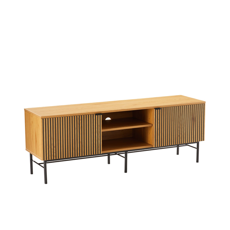 Linjer Entertainment Unit in Oak Melamine Finish Cabinet, MDF with Drawer Front and Black Metal Legs and Handle