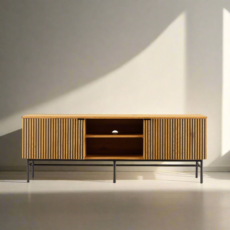 Linjer Entertainment Unit in Oak Melamine Finish Cabinet, MDF with Drawer Front and Black Metal Legs and Handle