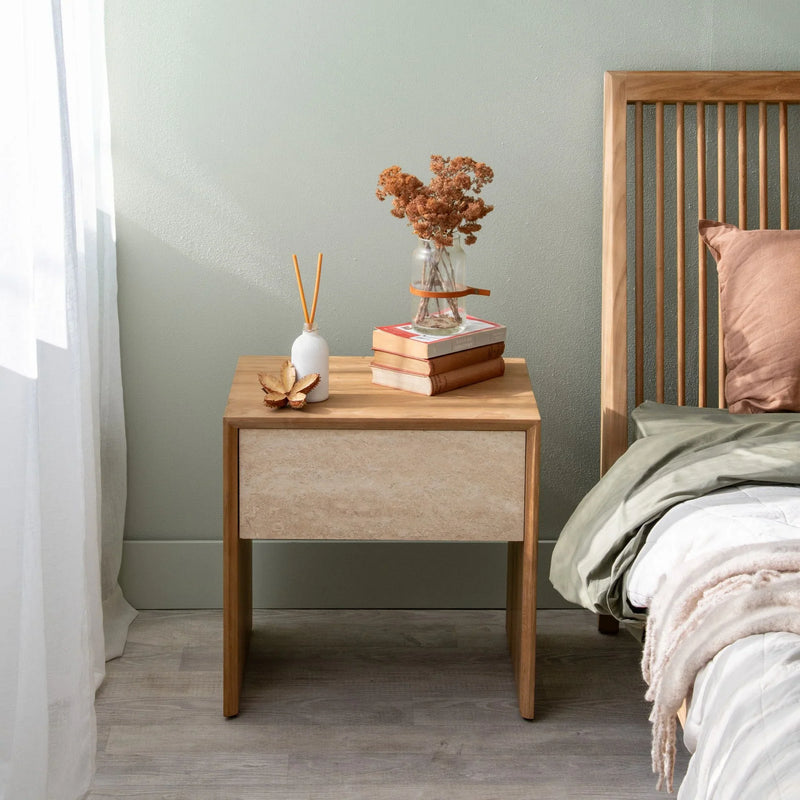 Jodoh Spindle Bedside Marble Table 55cm - Teak