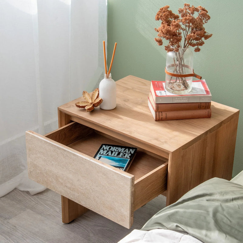 Jodoh Spindle Bedside Marble Table 55cm - Teak