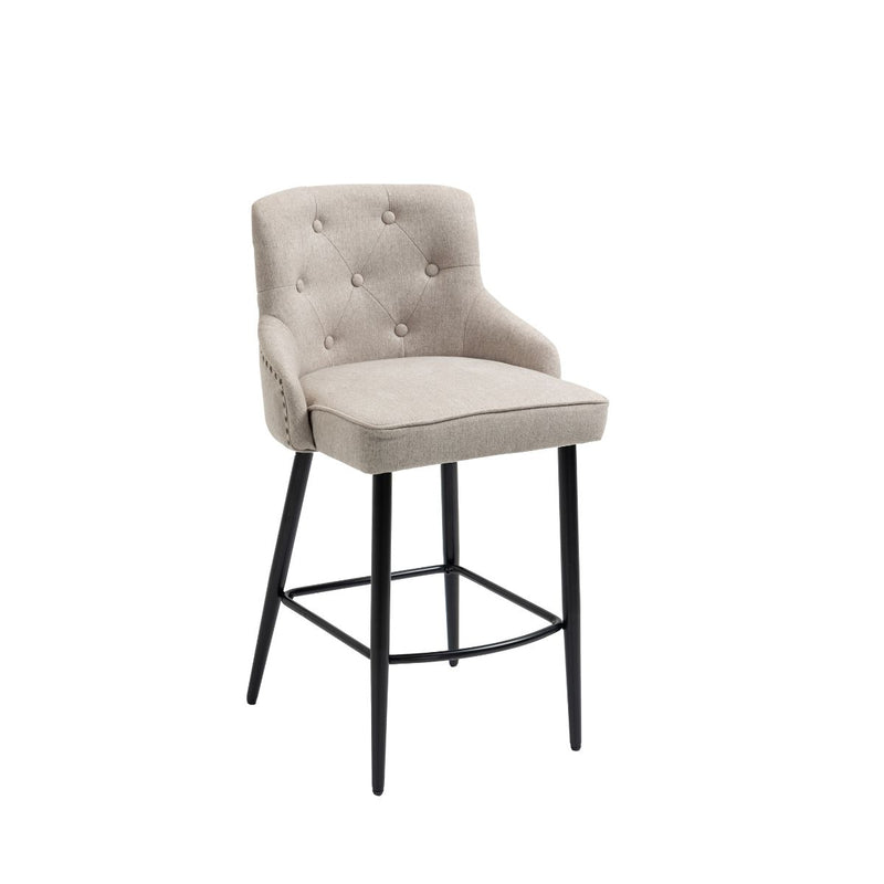 Will Barstool in Fabric Seatpad with Brass Gold Studs and Handles - Beige