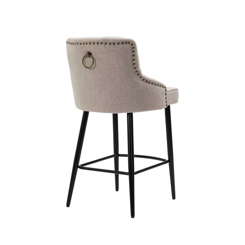 Will Barstool in Fabric Seatpad with Brass Gold Studs and Handles - Beige