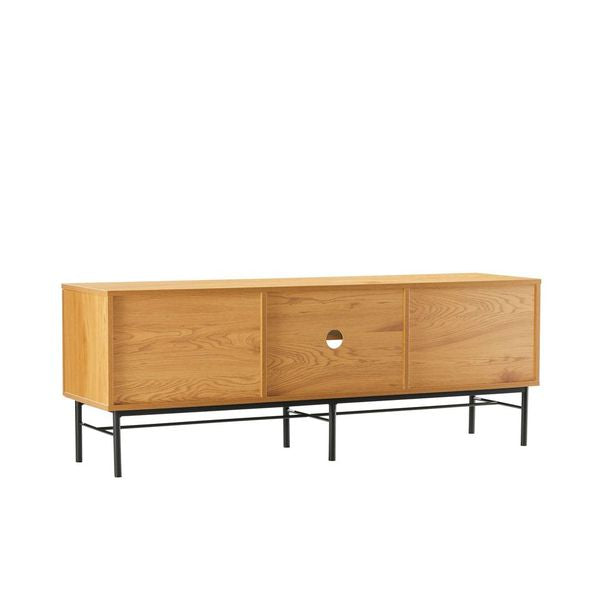 Linjer Entertainment Unit in Oak Melamine Finish Cabinet, MDF with Drawer Front and Black Metal Legs and Handle