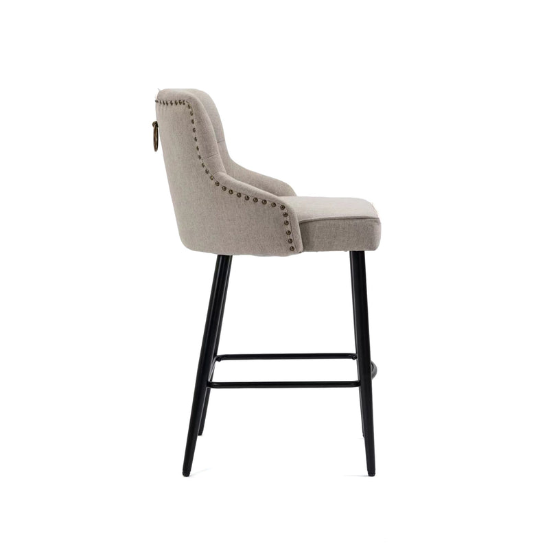 Will Barstool in Fabric Seatpad with Brass Gold Studs and Handles - Beige