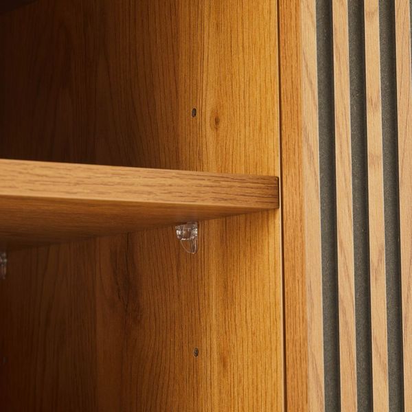 Linjer Entertainment Unit in Oak Melamine Finish Cabinet, MDF with Drawer Front and Black Metal Legs and Handle