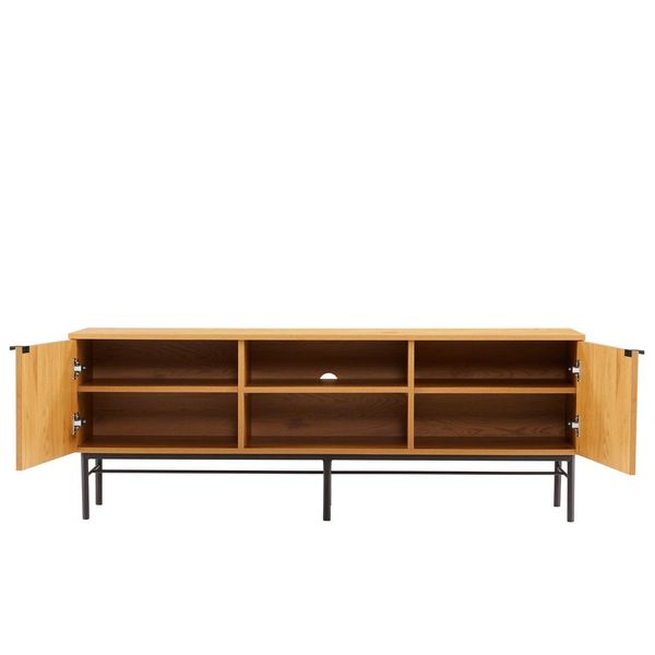 Linjer Entertainment Unit in Oak Melamine Finish Cabinet, MDF with Drawer Front and Black Metal Legs and Handle